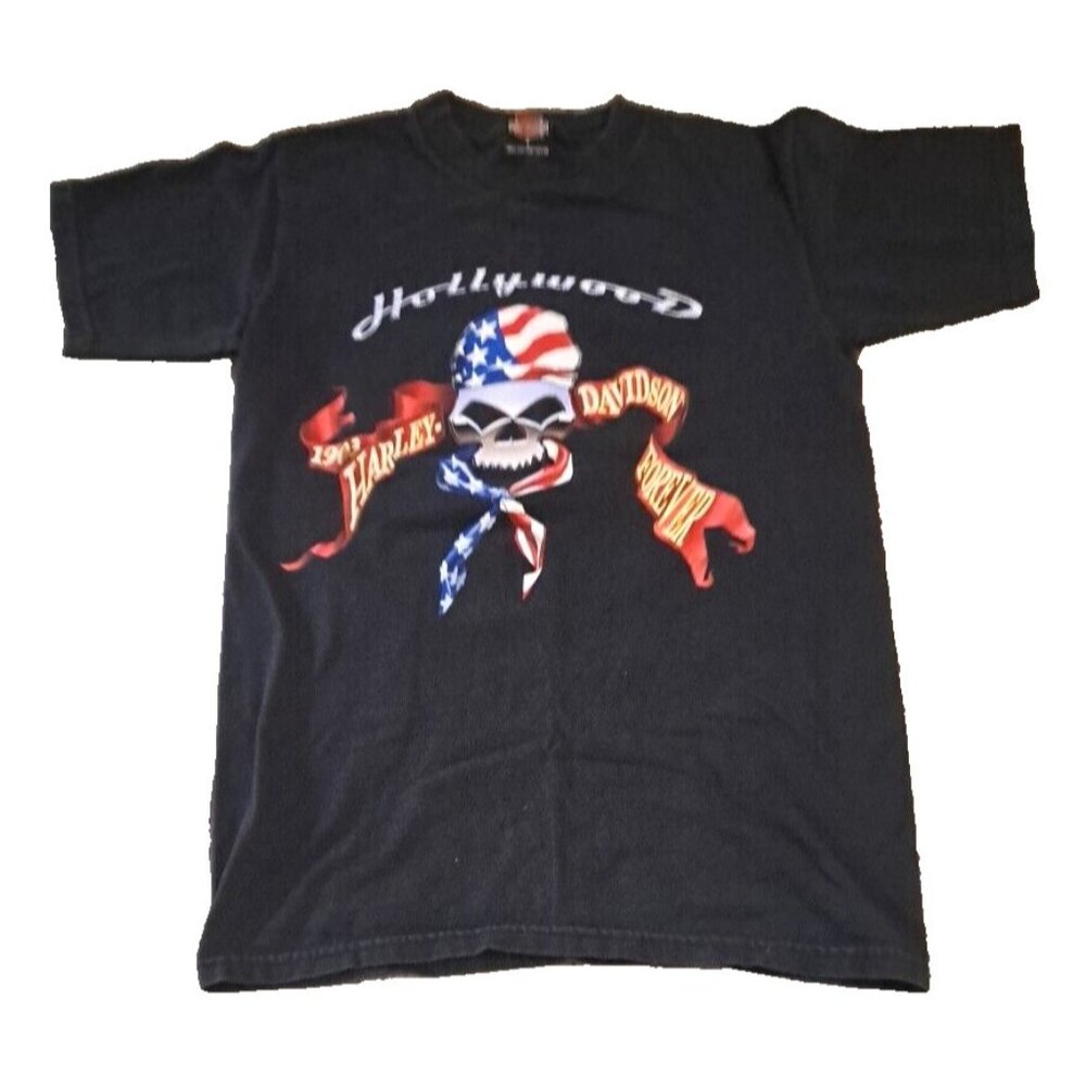Mens Vintage Harley Davidson T Shirt Hollywood CA Skull Logo Y2K Black Small